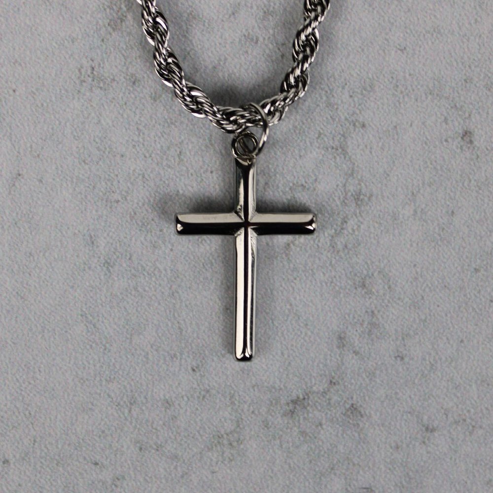 Silver Cross Pendant With 3mm Rope Chain Necklace